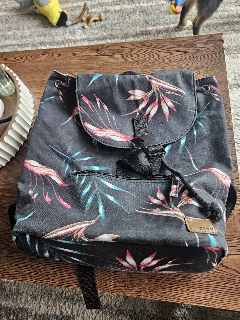 Roxy Black Backpack with Pink and Teal Floral Print